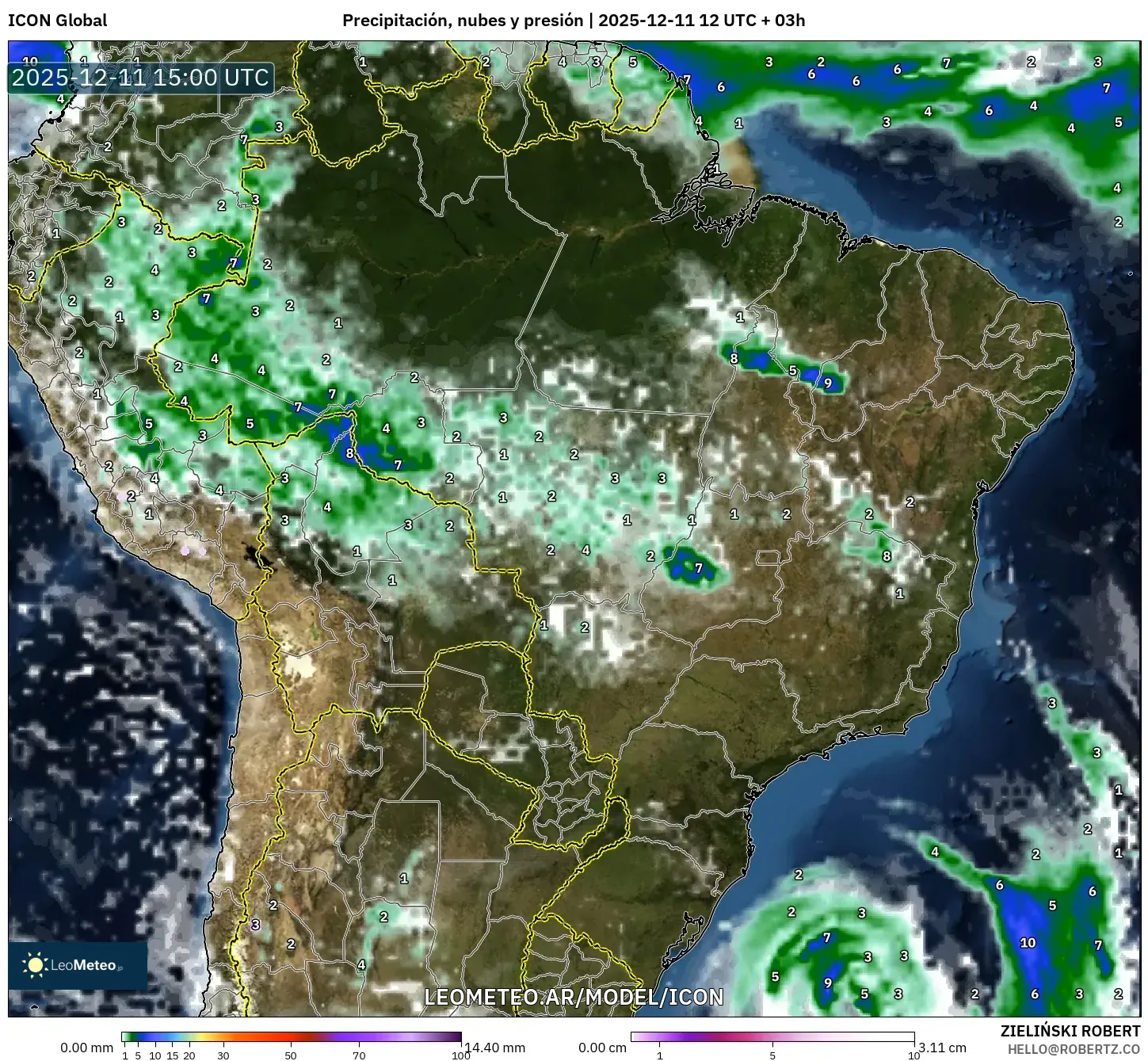 ICON model - Brasil, Precipitación, nubes y presión
