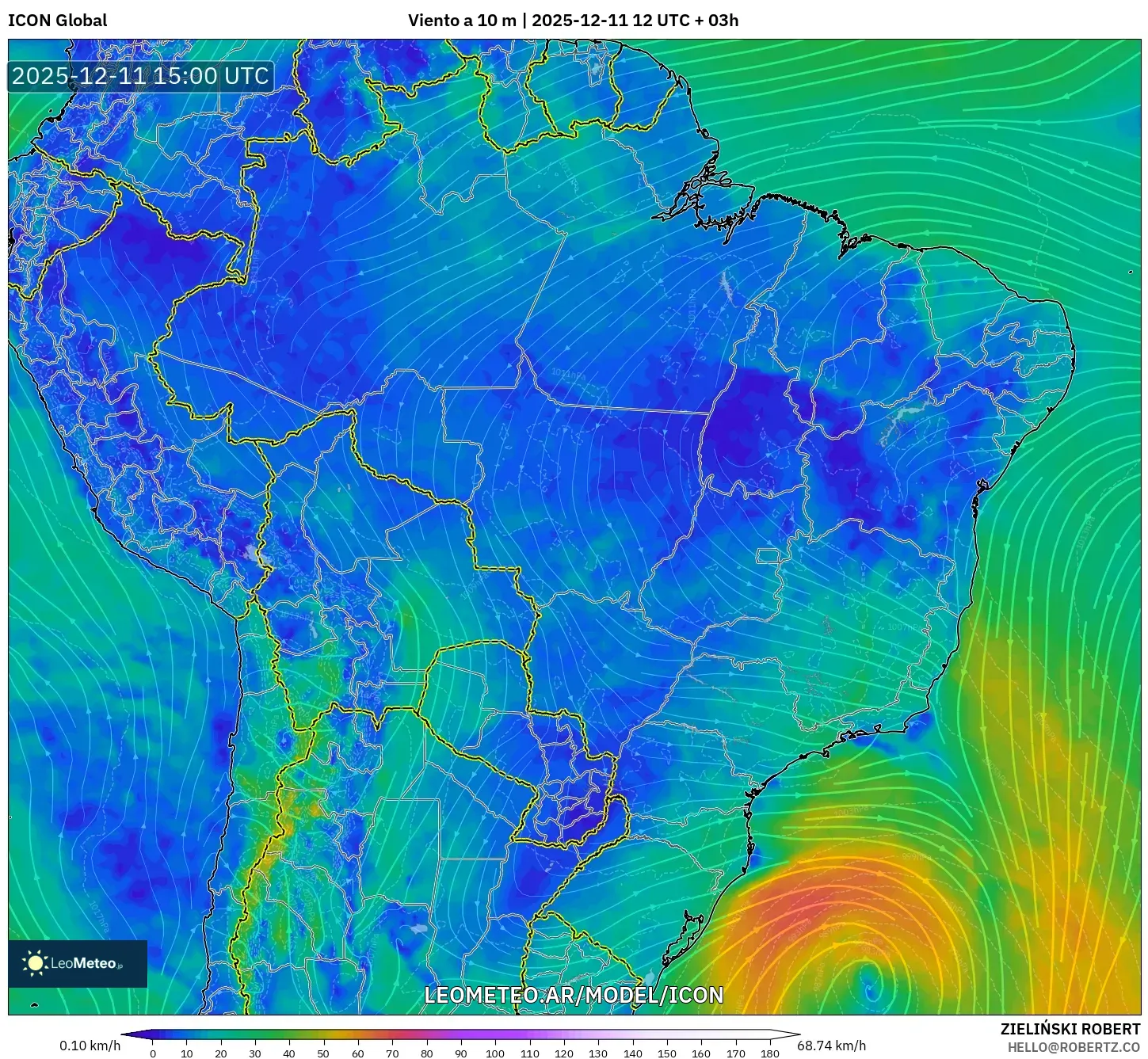 ICON model - Brasil, Viento a 10 m