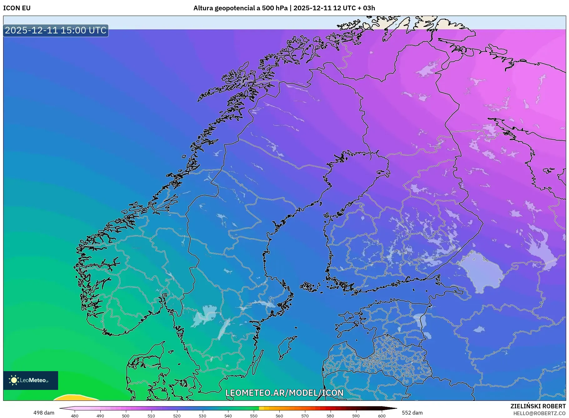 ICON model - Escandinavia, Altura geopotencial a 500 hPa