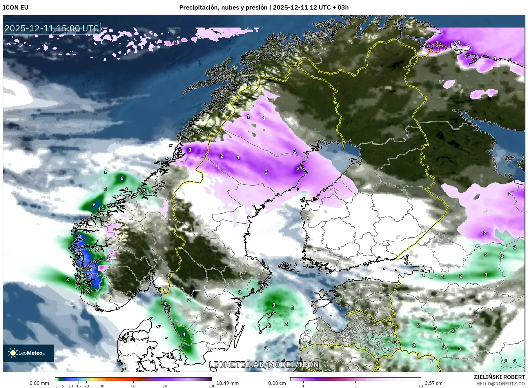 ICON model - Escandinavia, Precipitación, nubes y presión