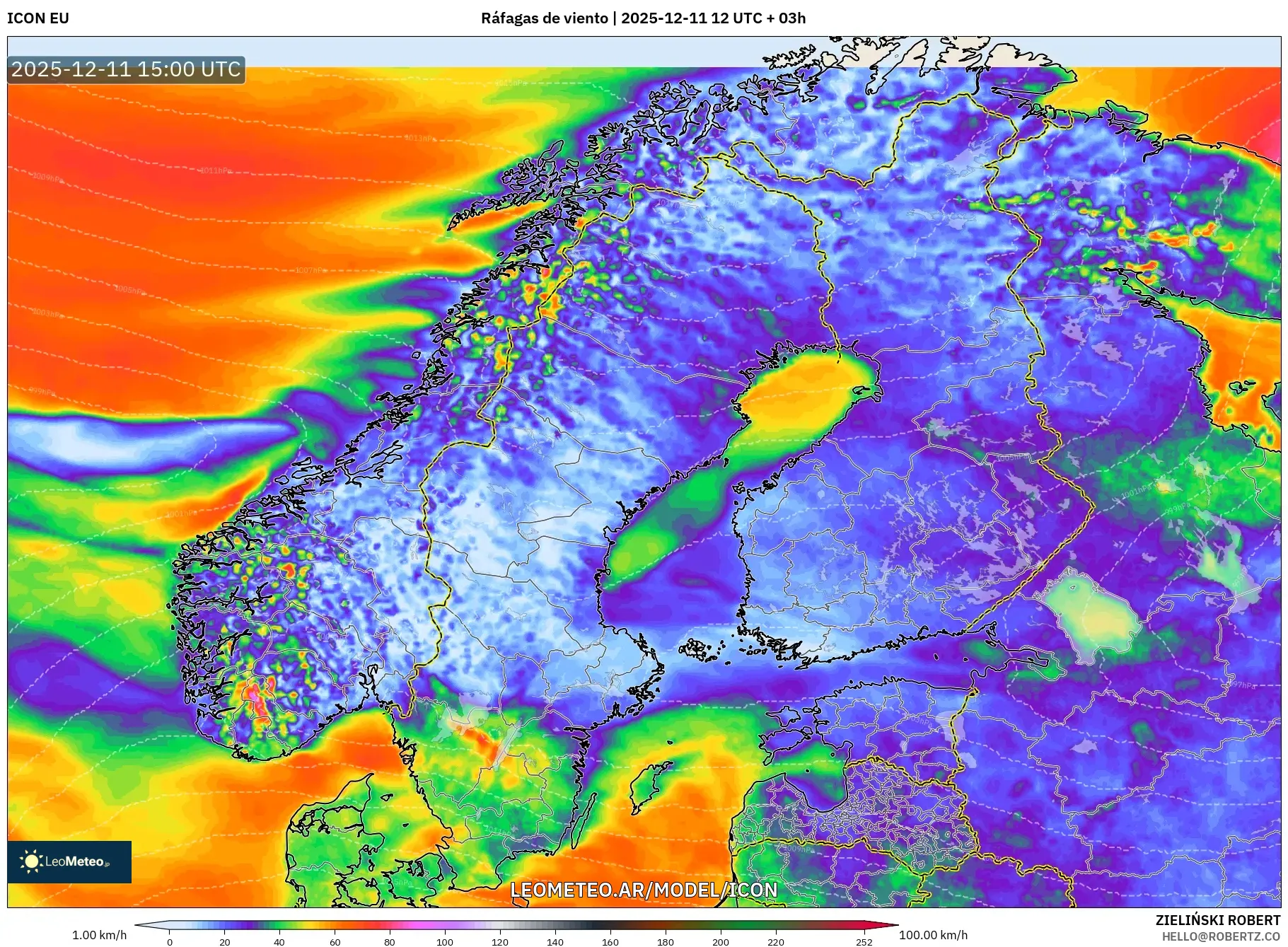 ICON model - Escandinavia, Ráfagas de viento