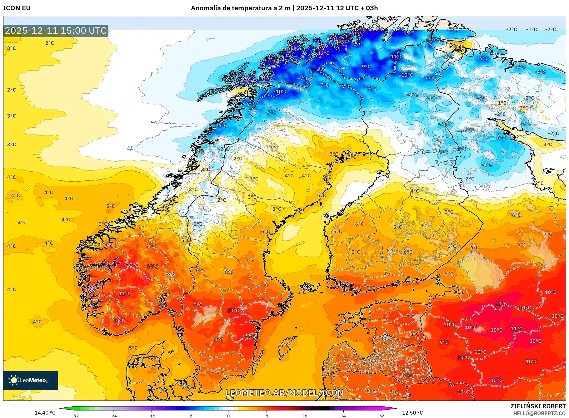 ICON model - Escandinavia, Anomalía de temperatura a 2 m