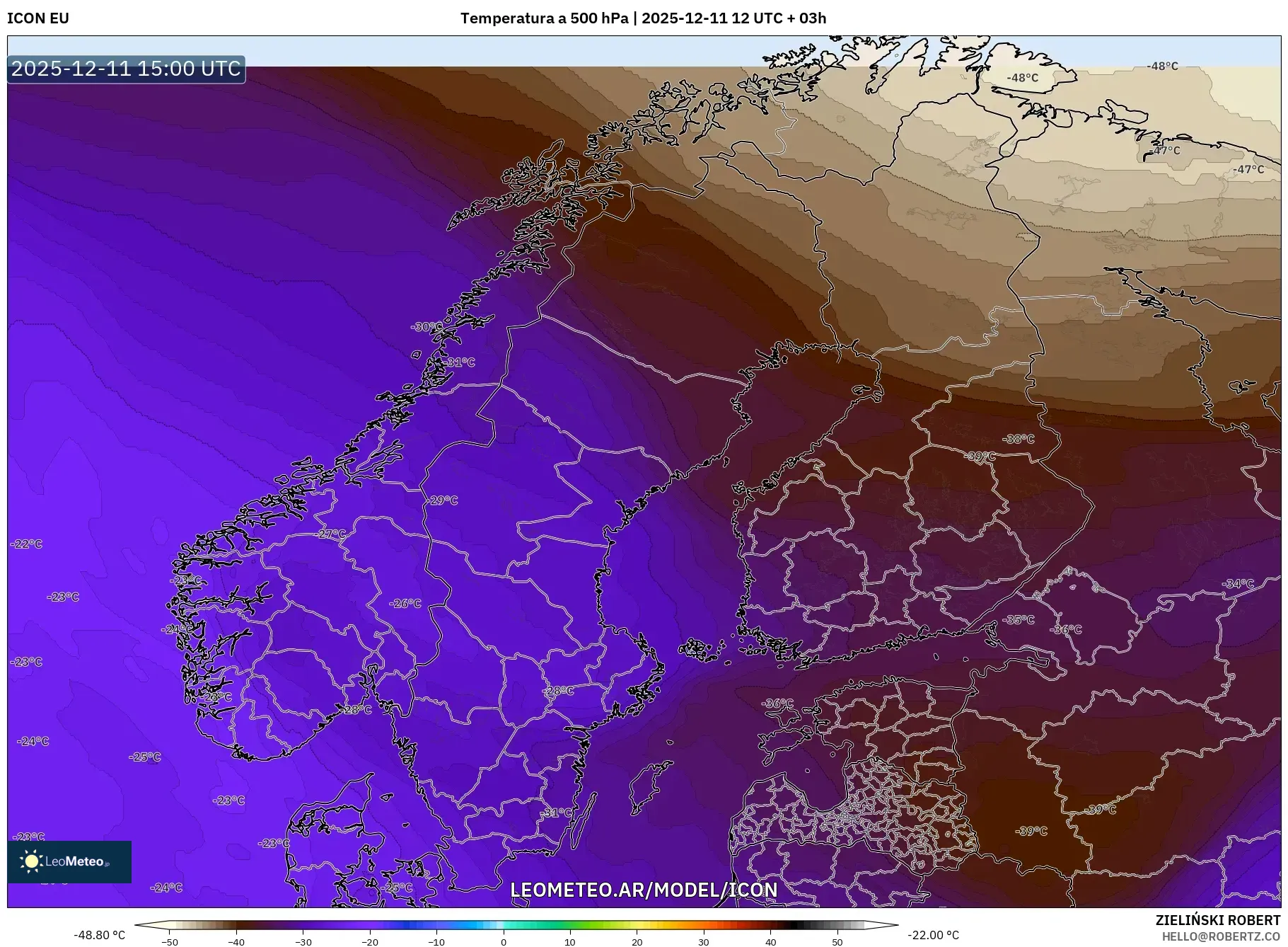 ICON model - Escandinavia, Temperatura a 500 hPa