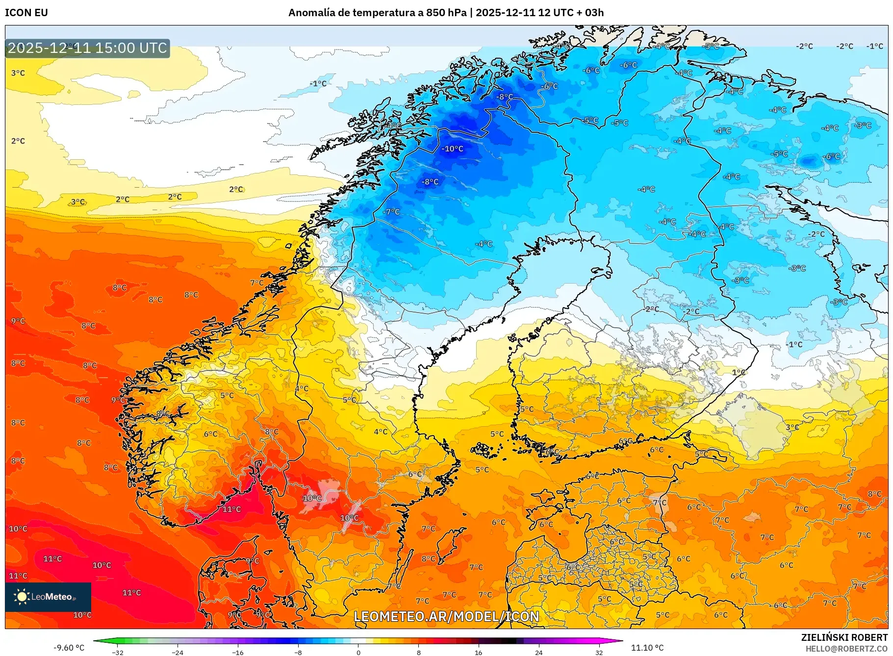 ICON model - Escandinavia, Anomalía de temperatura a 850 hPa
