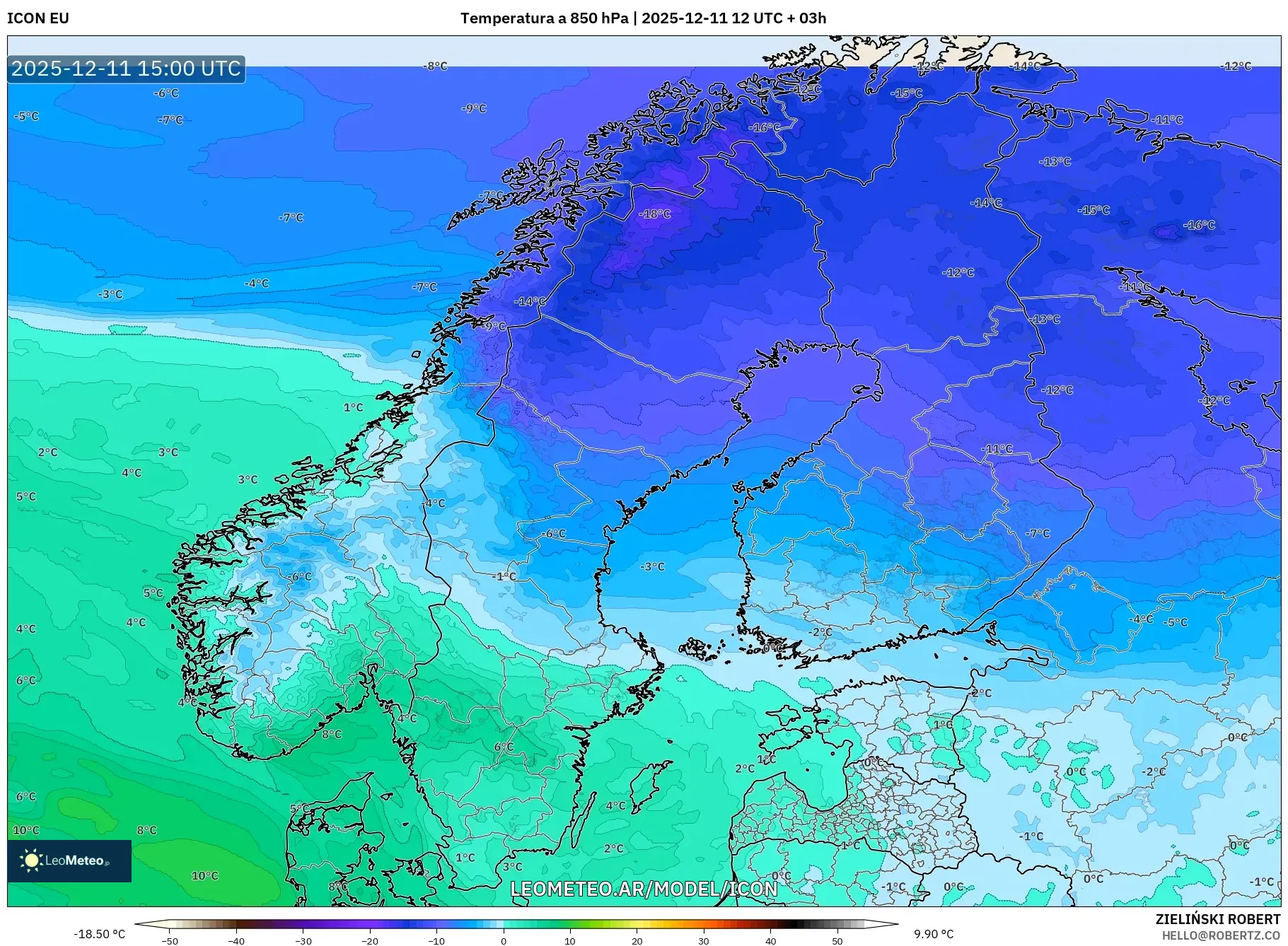 ICON model - Escandinavia, Temperatura a 850 hPa