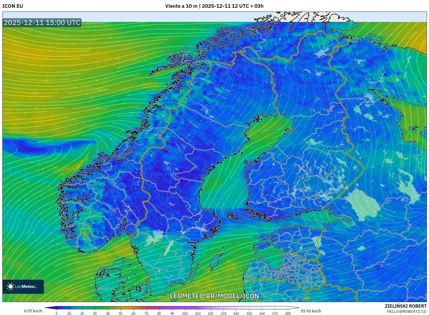ICON model - Escandinavia, Viento a 10 m