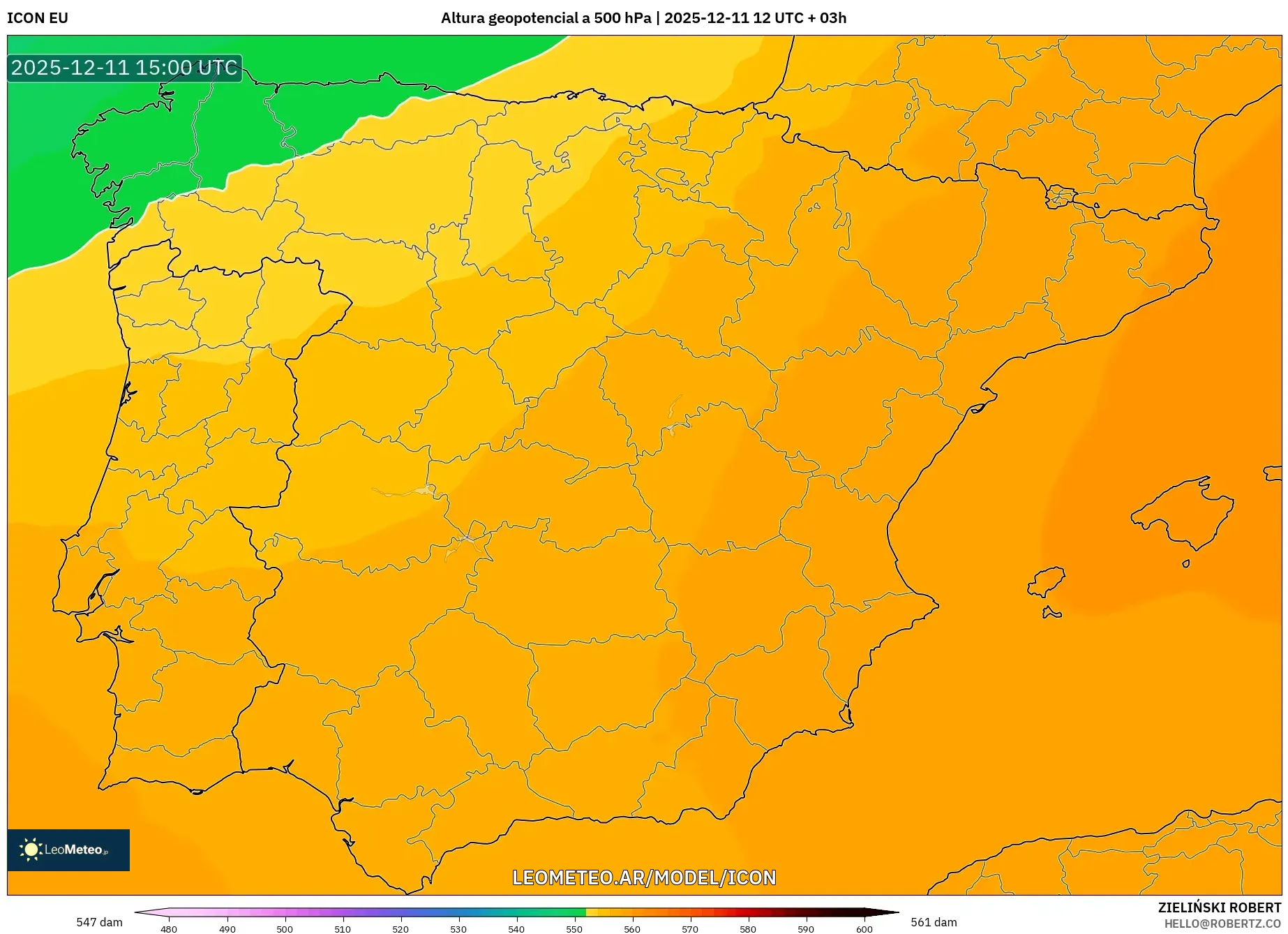 ICON model - España, Altura geopotencial a 500 hPa