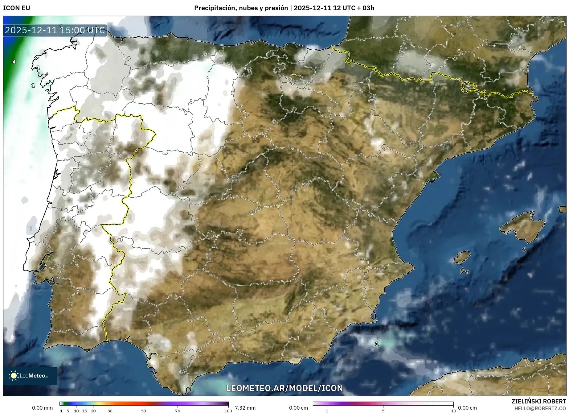 ICON model - España, Precipitación, nubes y presión