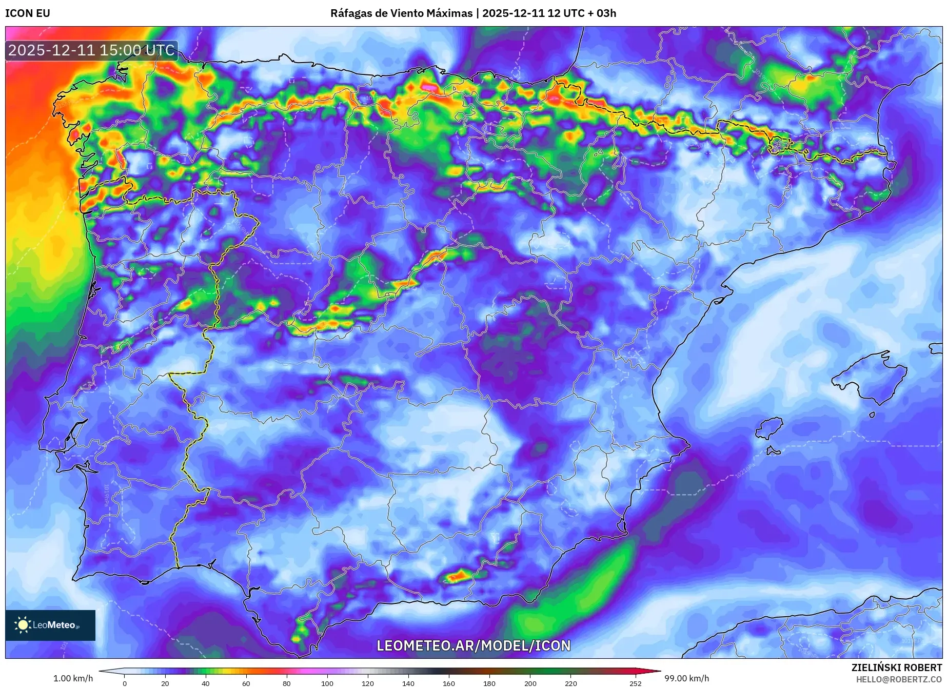 ICON model - España, Ráfagas de Viento Máximas