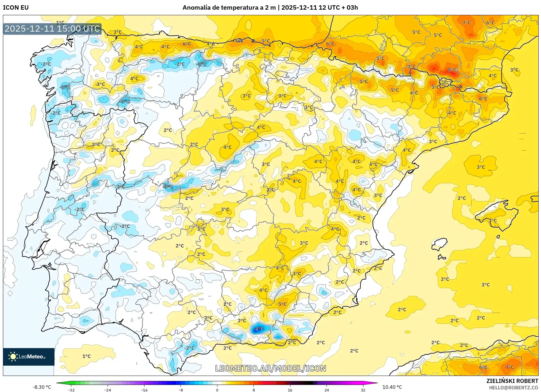ICON model - España, Anomalía de temperatura a 2 m