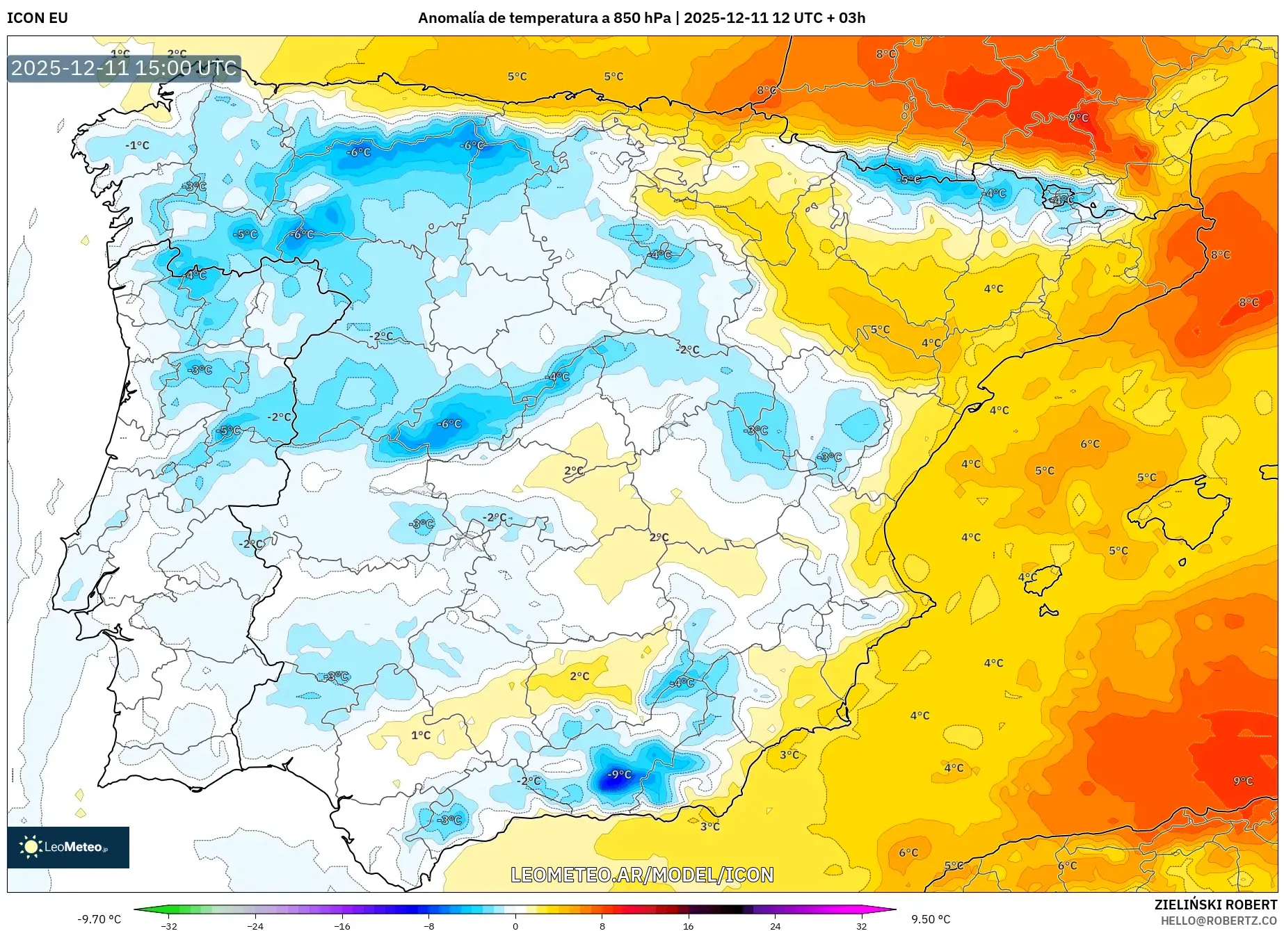 ICON model - España, Anomalía de temperatura a 850 hPa