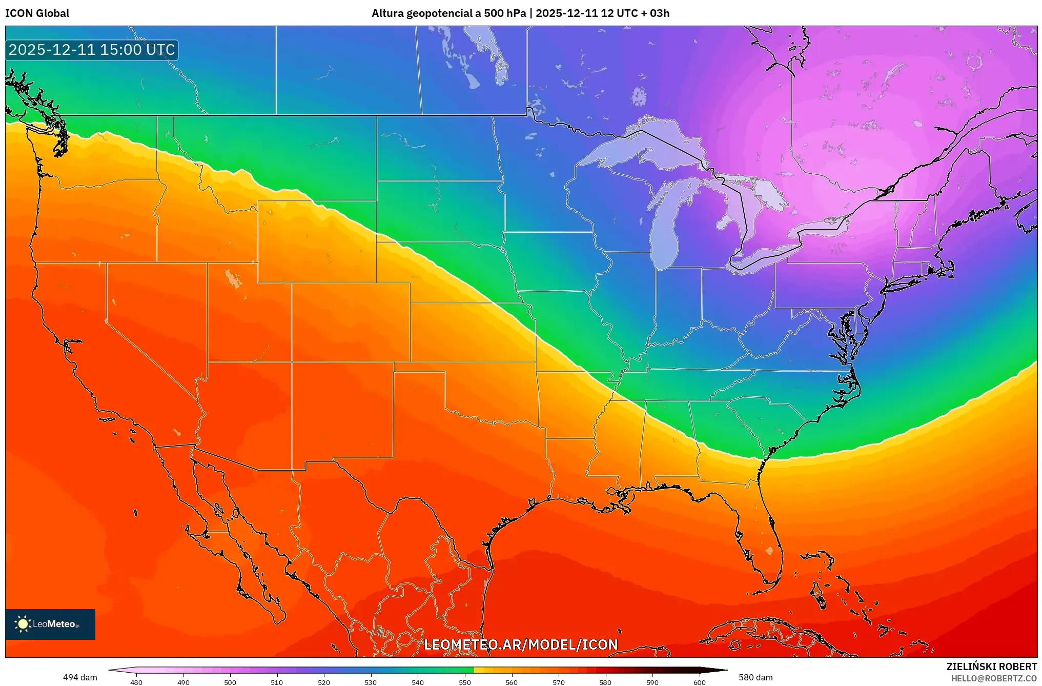 ICON model - Estados Unidos, Altura geopotencial a 500 hPa