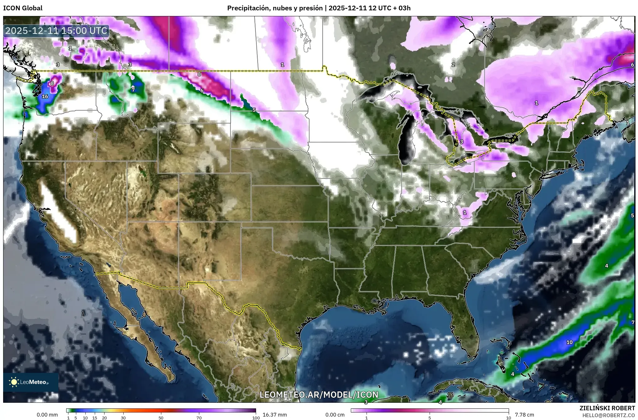 ICON model - Estados Unidos, Precipitación, nubes y presión