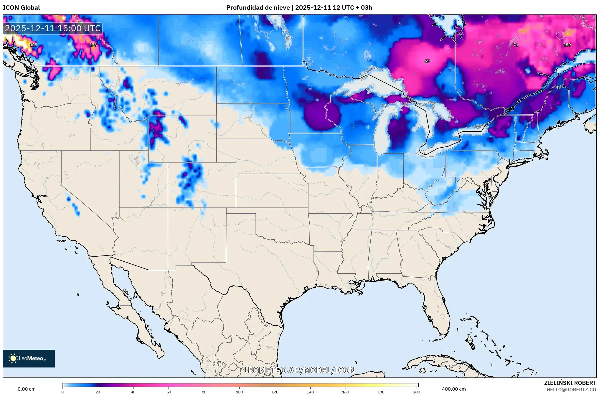 ICON model - Estados Unidos, Profundidad de nieve