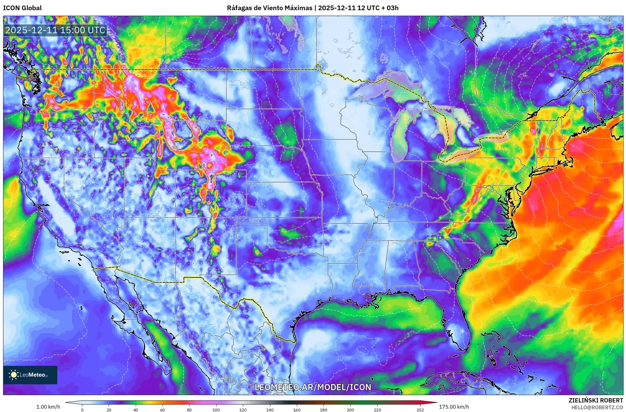 ICON model - Estados Unidos, Ráfagas de Viento Máximas