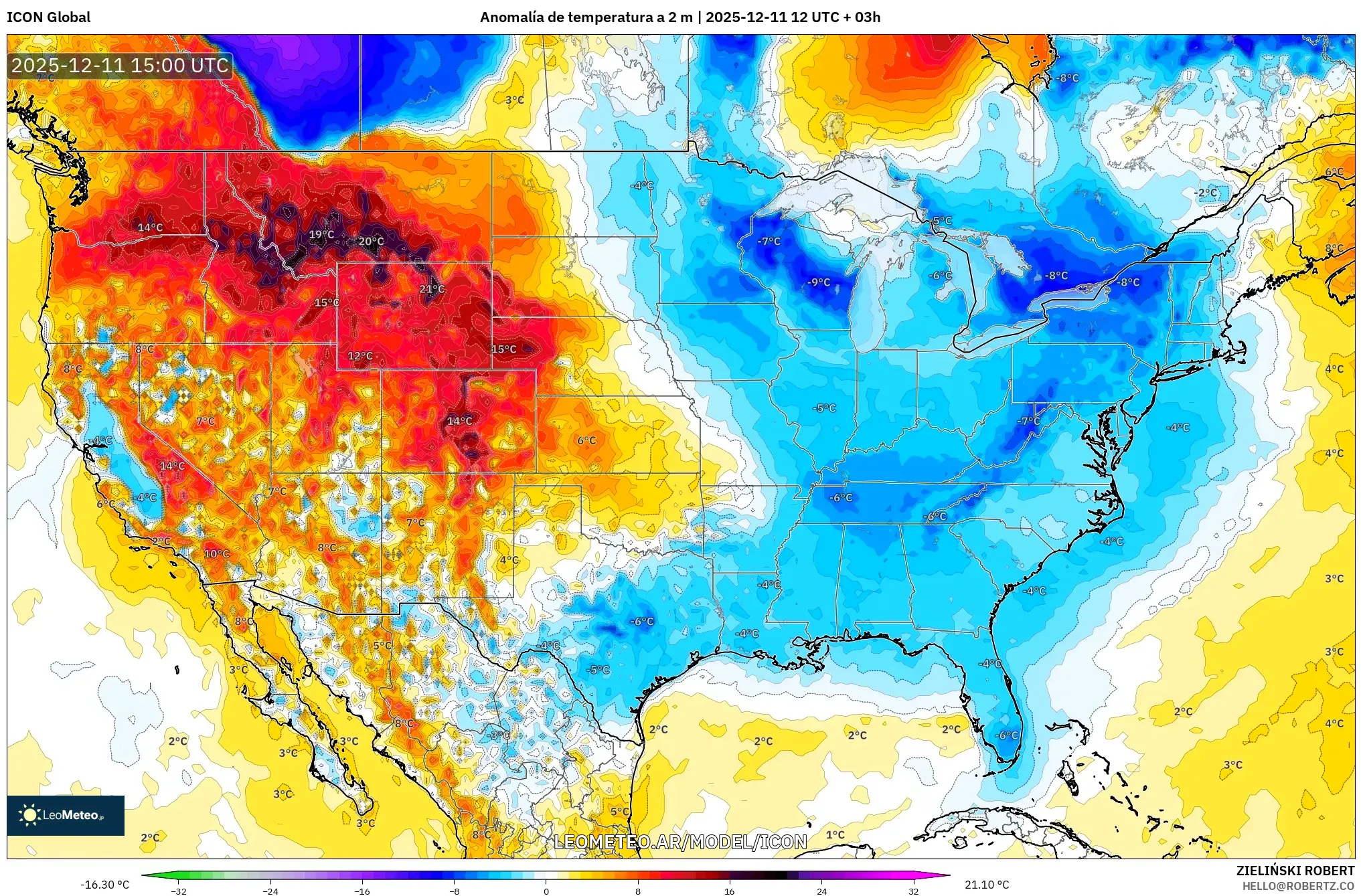 ICON model - Estados Unidos, Anomalía de temperatura a 2 m