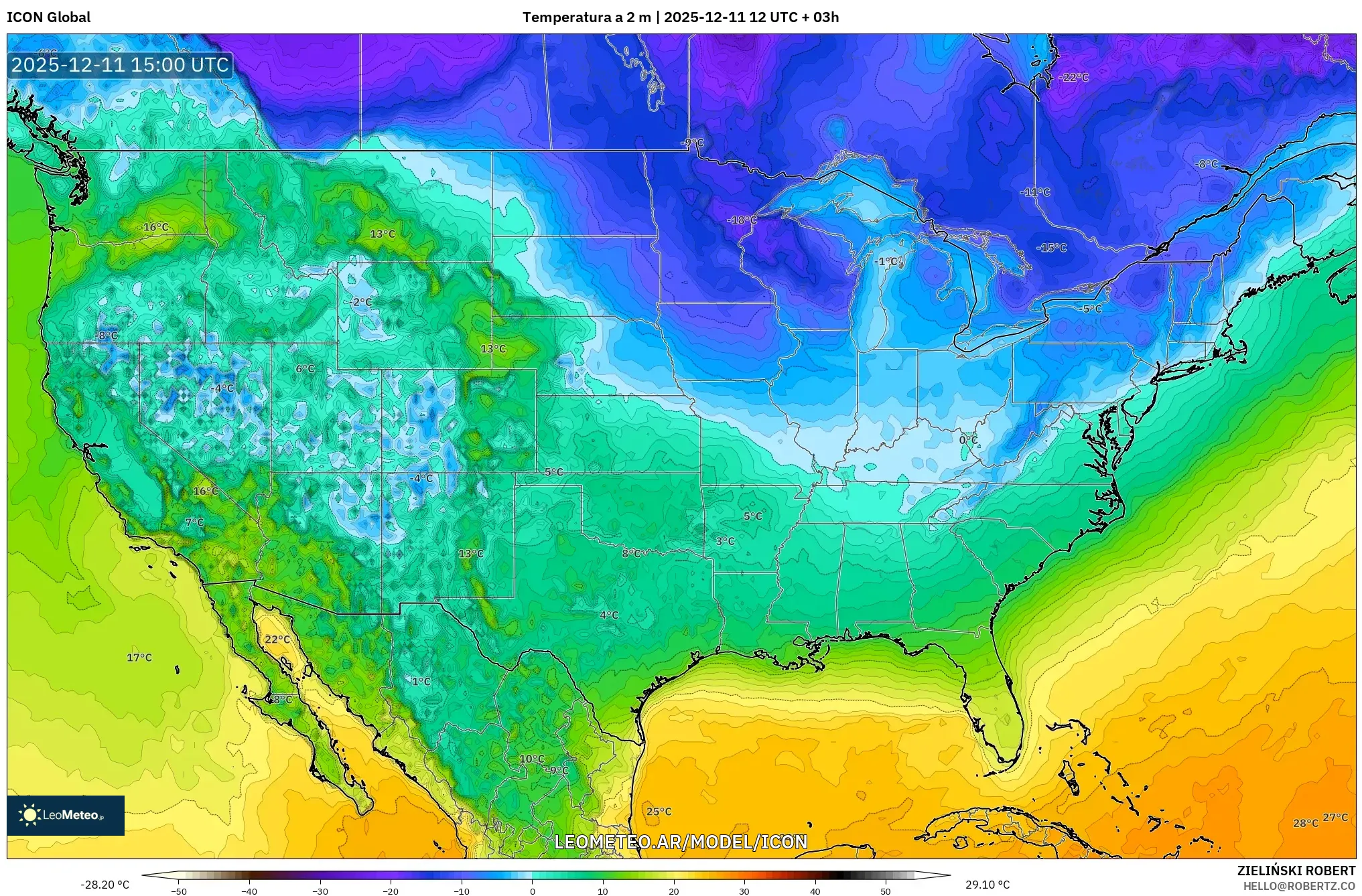 ICON model - Estados Unidos, Temperatura a 2 m