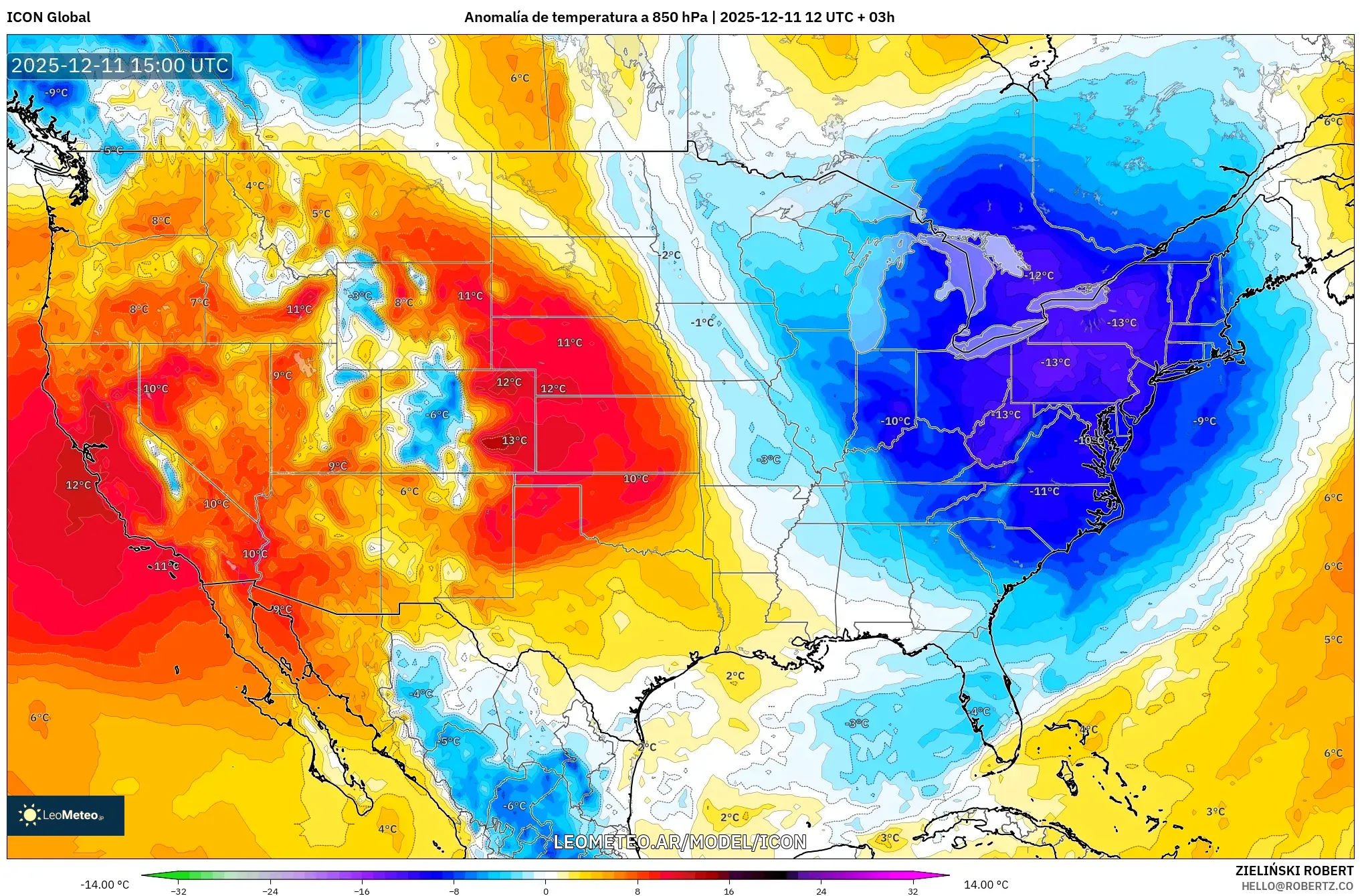 ICON model - Estados Unidos, Anomalía de temperatura a 850 hPa