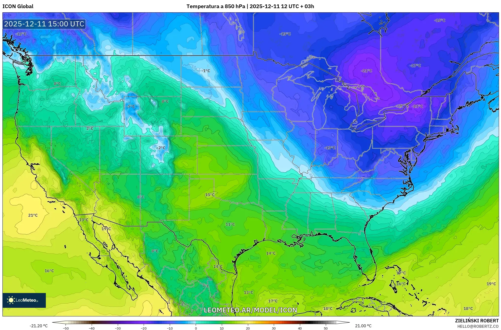 ICON model - Estados Unidos, Temperatura a 850 hPa