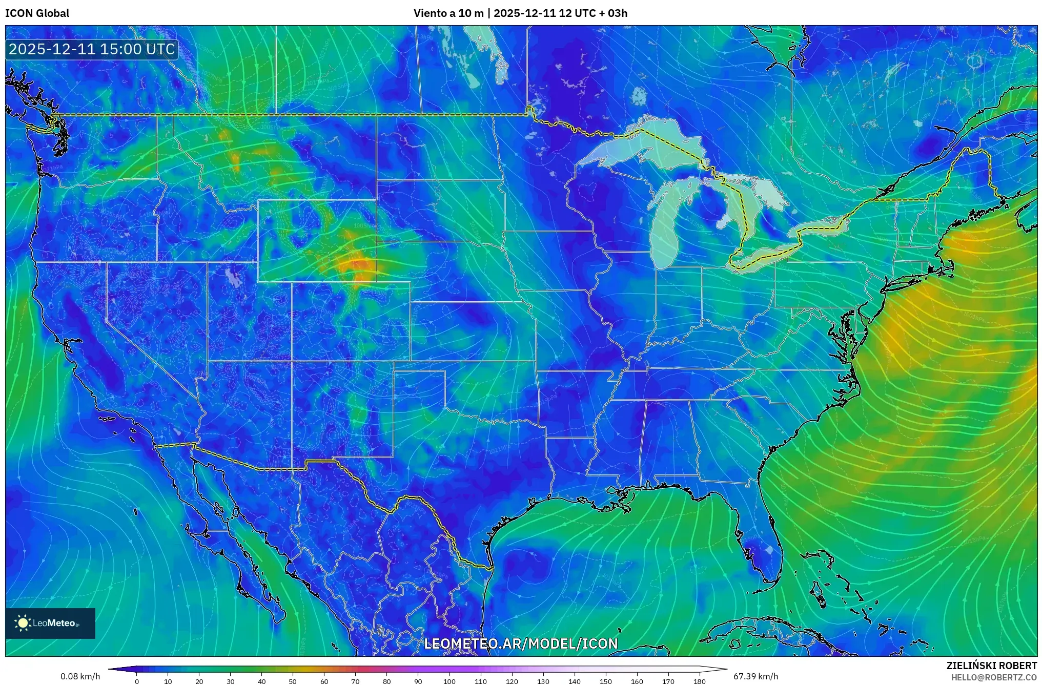 ICON model - Estados Unidos, Viento a 10 m