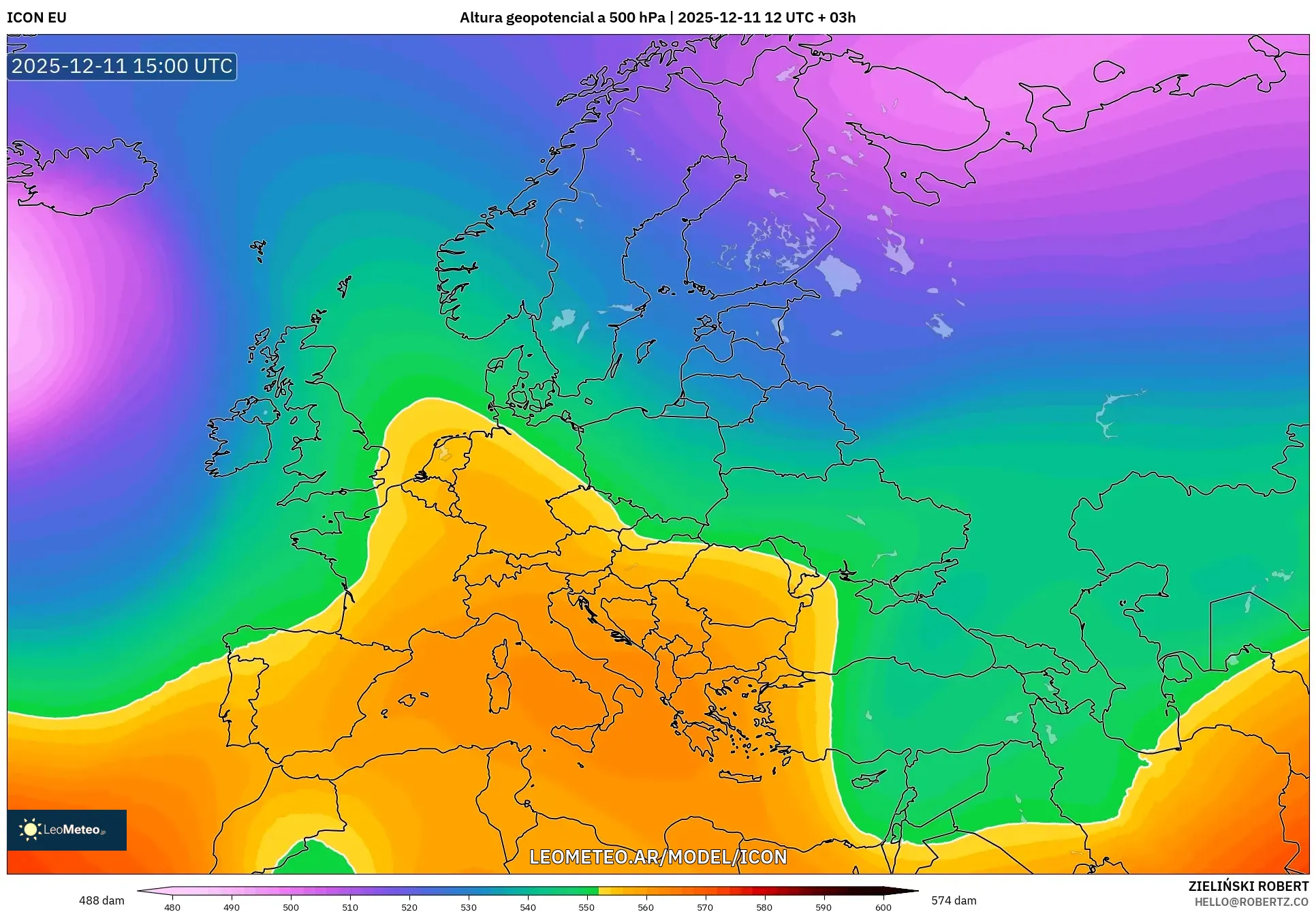 ICON model - Europa, Altura geopotencial a 500 hPa