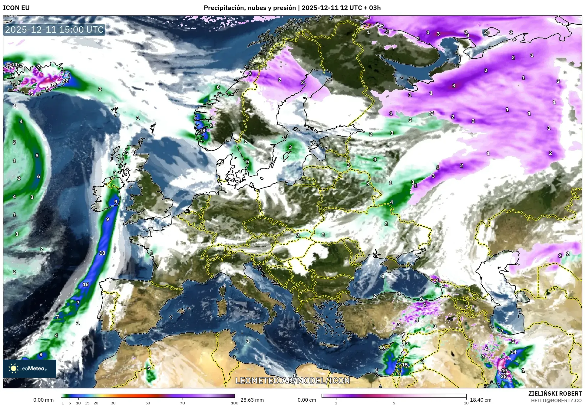 ICON model - Europa, Precipitación, nubes y presión