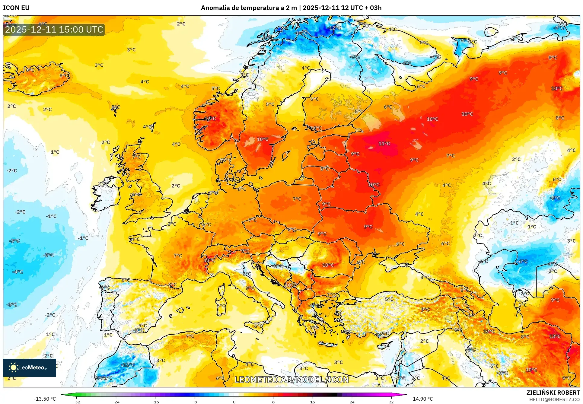 ICON model - Europa, Anomalía de temperatura a 2 m