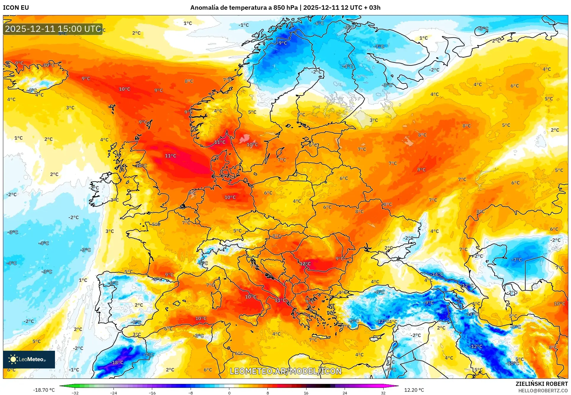 ICON model - Europa, Anomalía de temperatura a 850 hPa