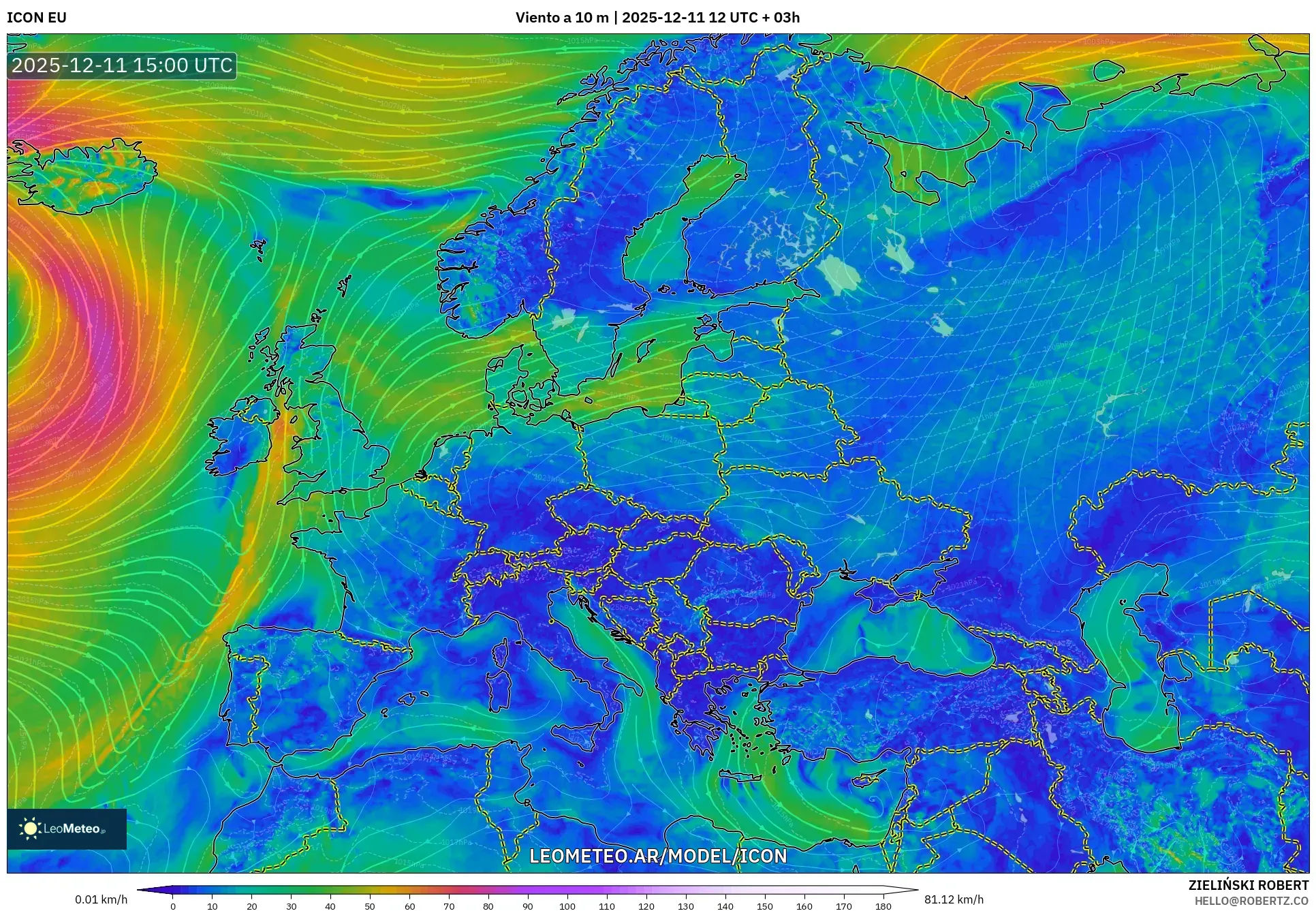 ICON model - Europa, Viento a 10 m