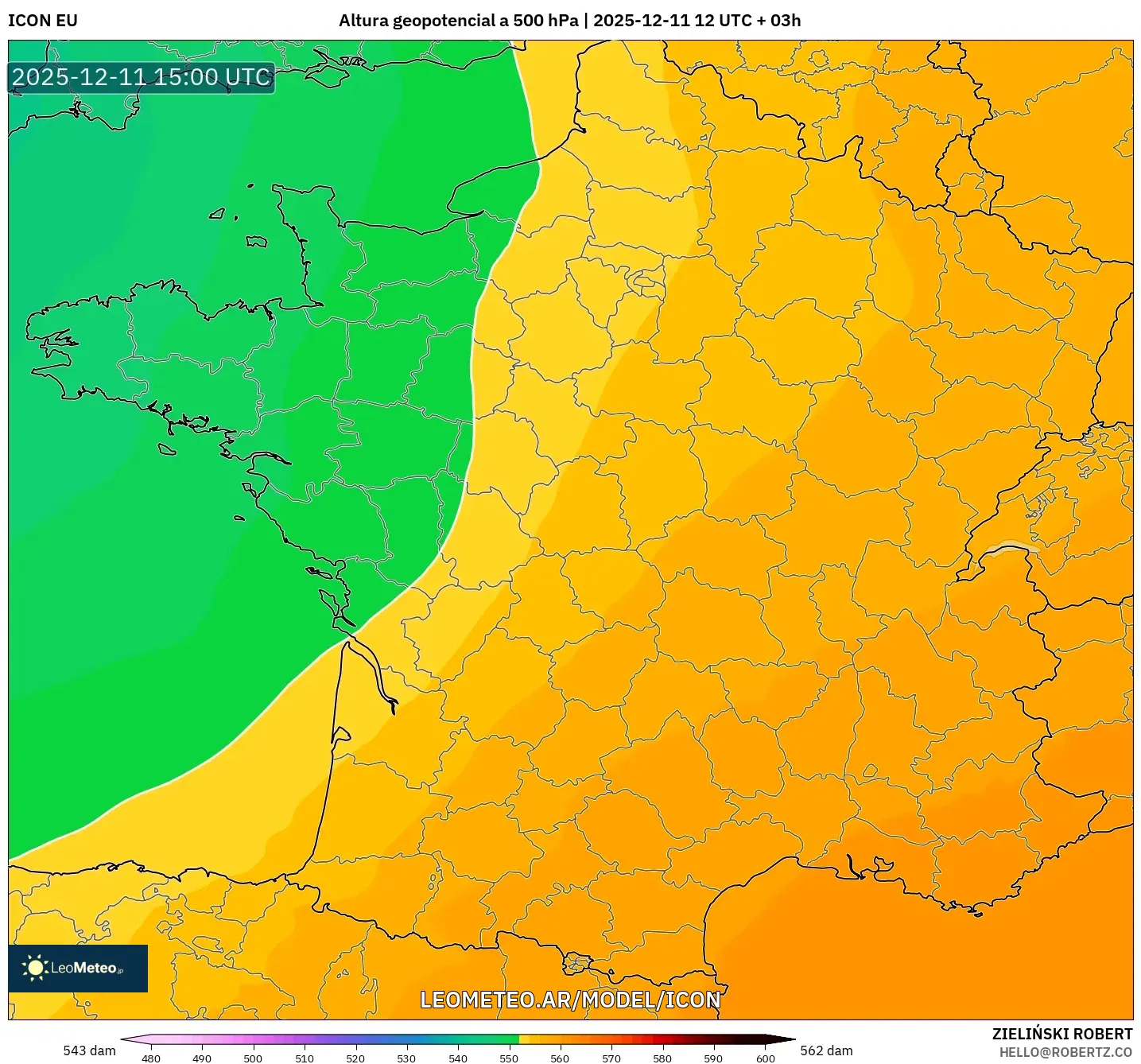 ICON model - Francia, Altura geopotencial a 500 hPa