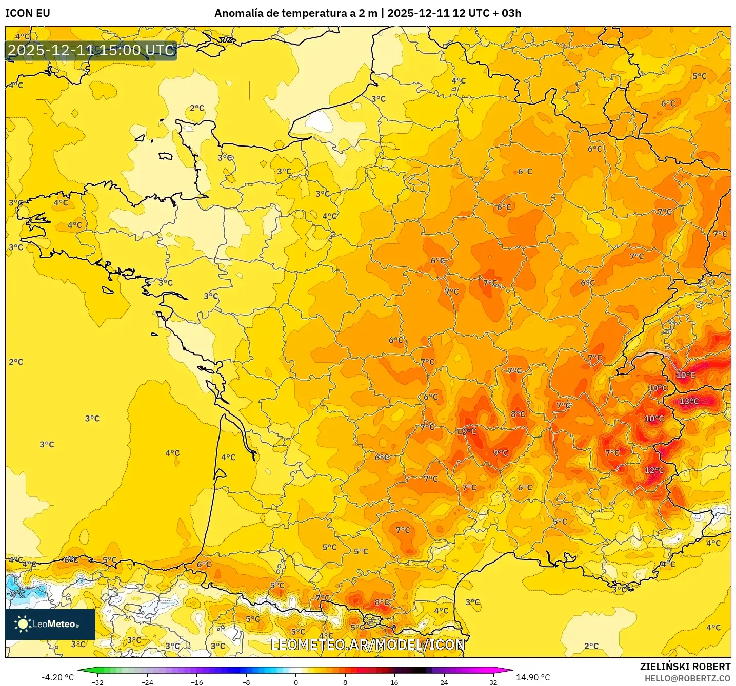 ICON model - Francia, Anomalía de temperatura a 2 m
