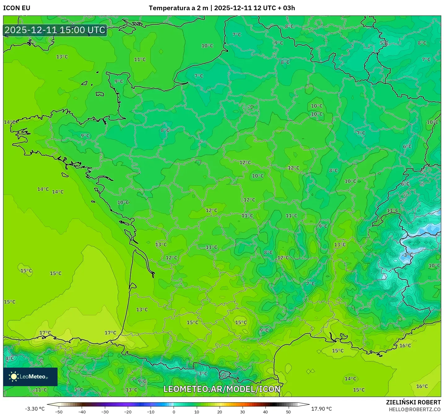 ICON model - Francia, Temperatura a 2 m