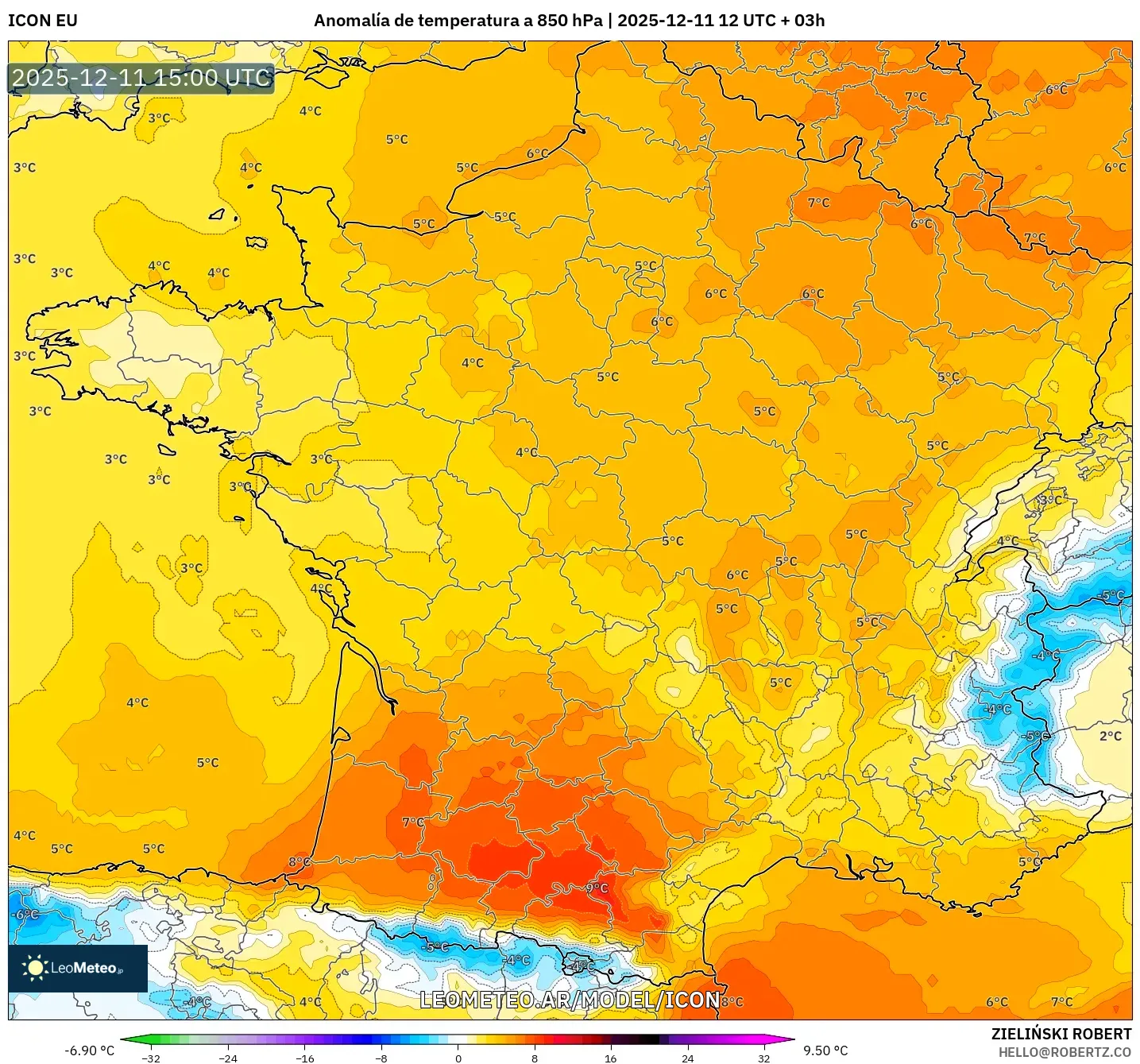 ICON model - Francia, Anomalía de temperatura a 850 hPa