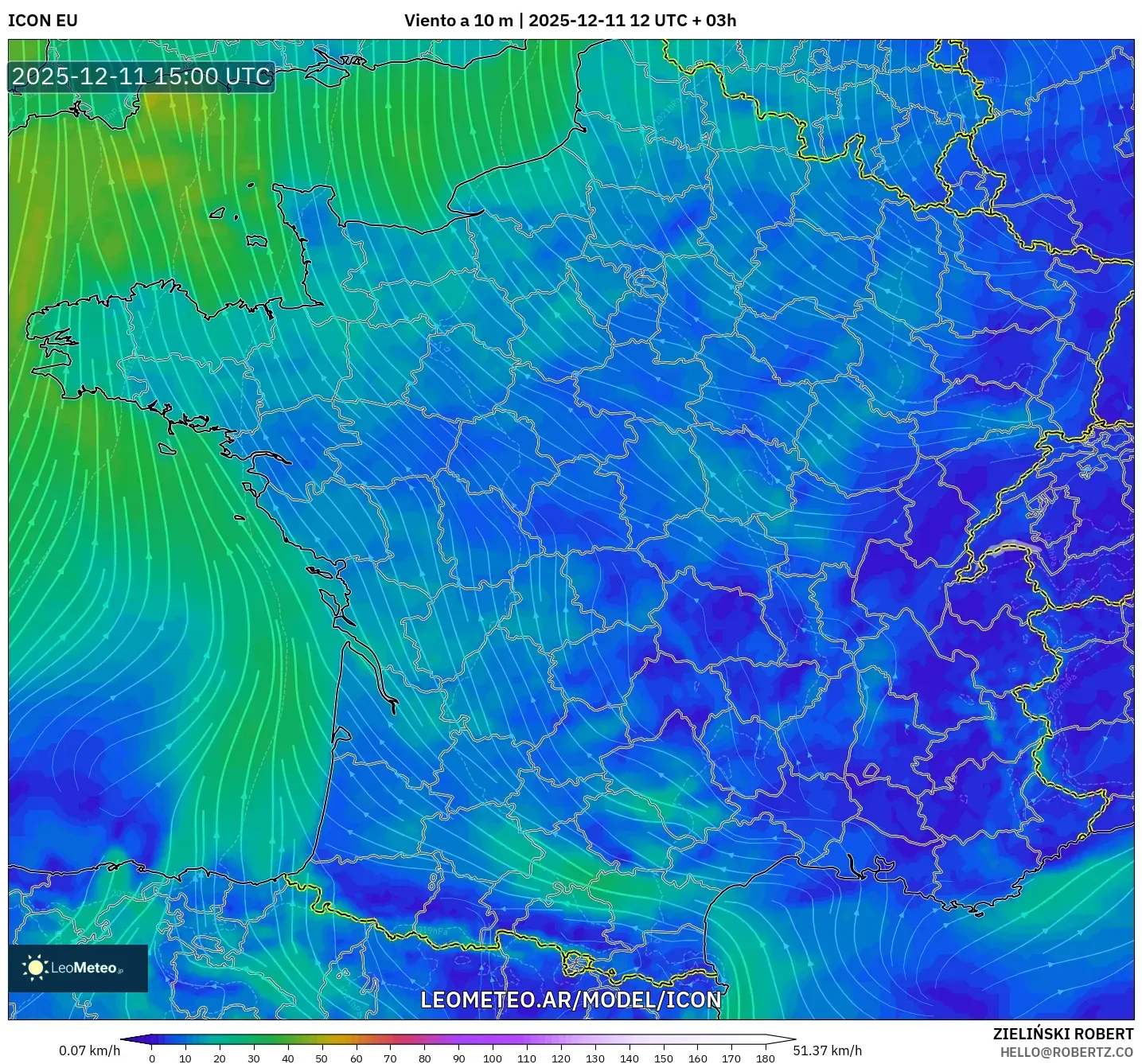ICON model - Francia, Viento a 10 m