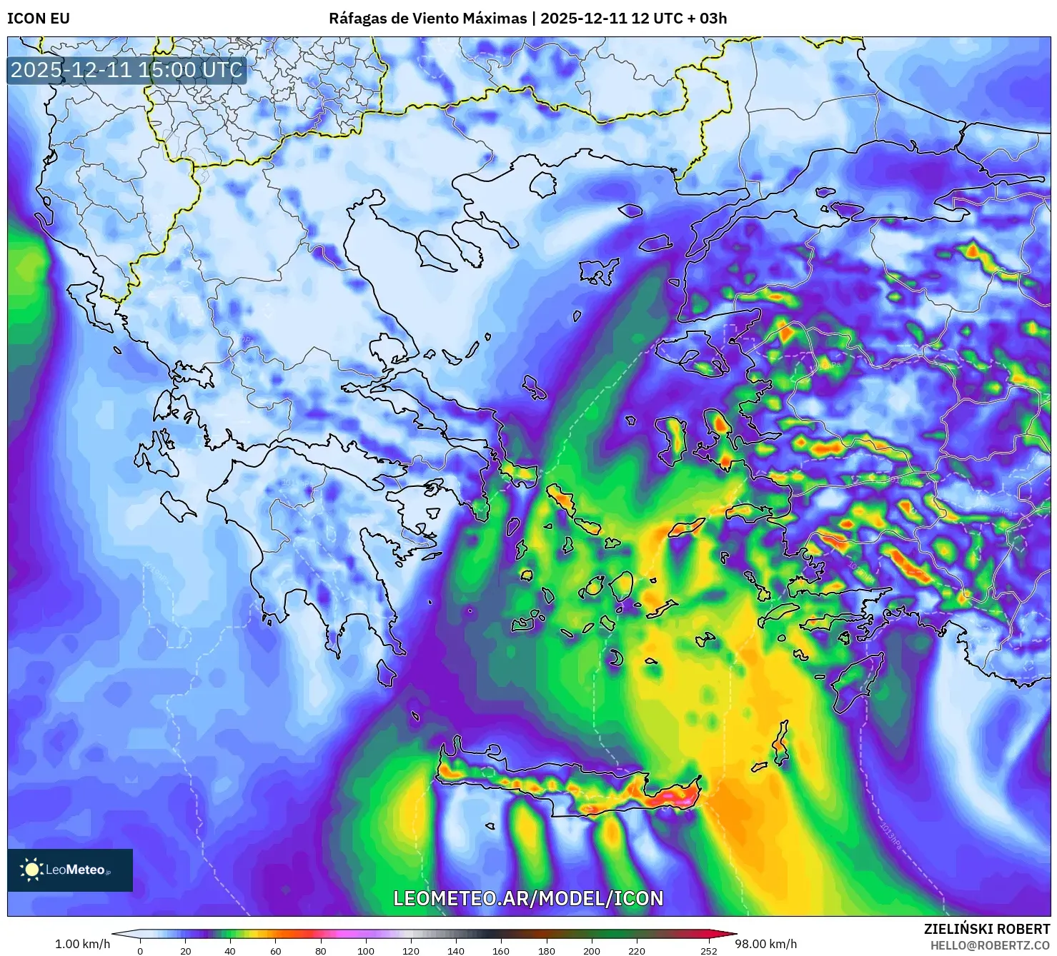 ICON model - Grecia, Ráfagas de Viento Máximas