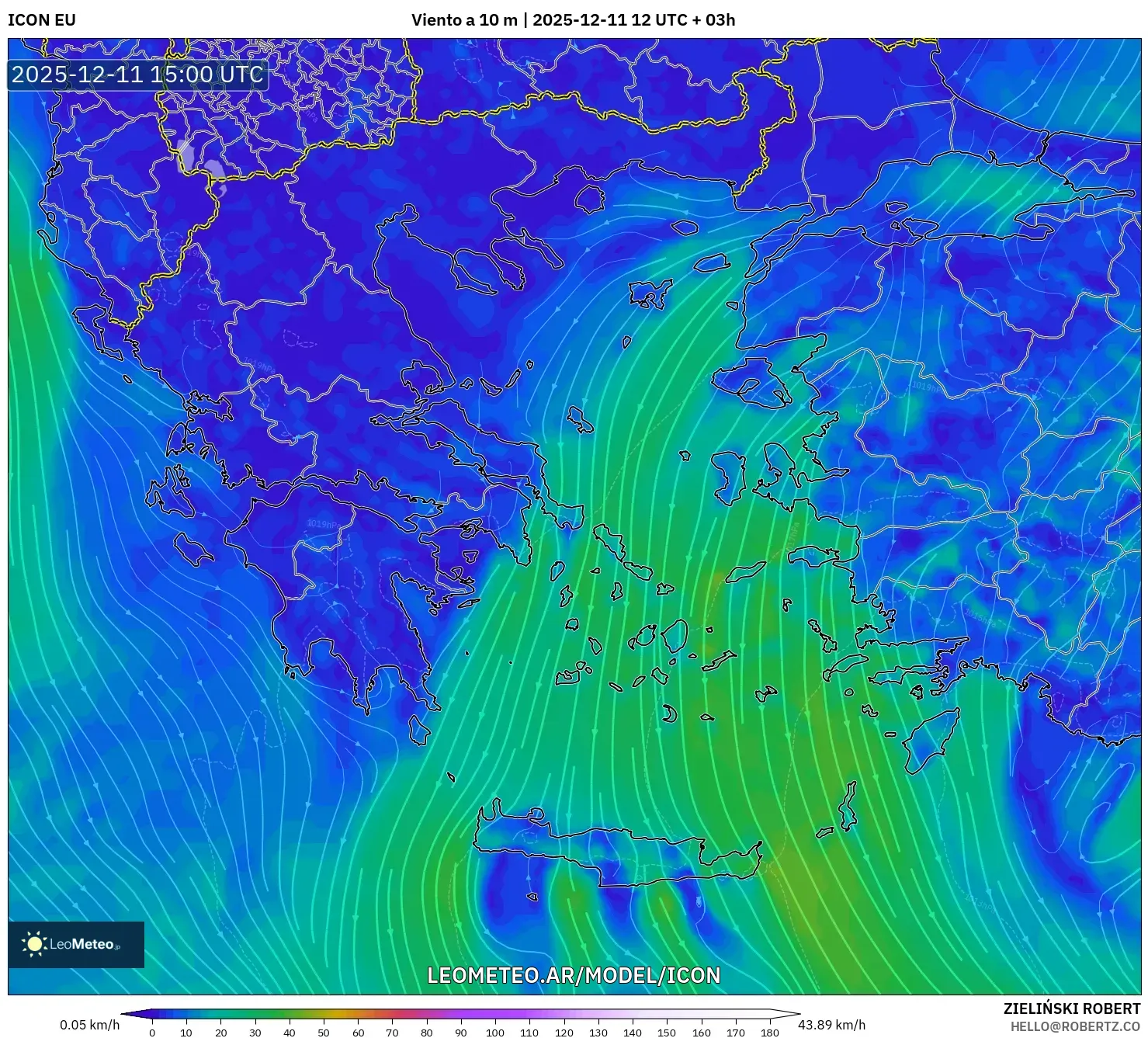 ICON model - Grecia, Viento a 10 m