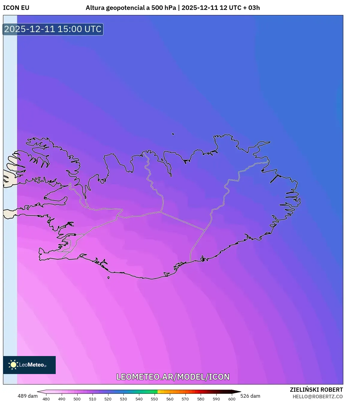 ICON model - Islandia, Altura geopotencial a 500 hPa
