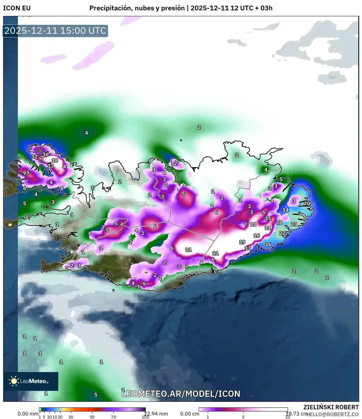 ICON model - Islandia, Precipitación, nubes y presión