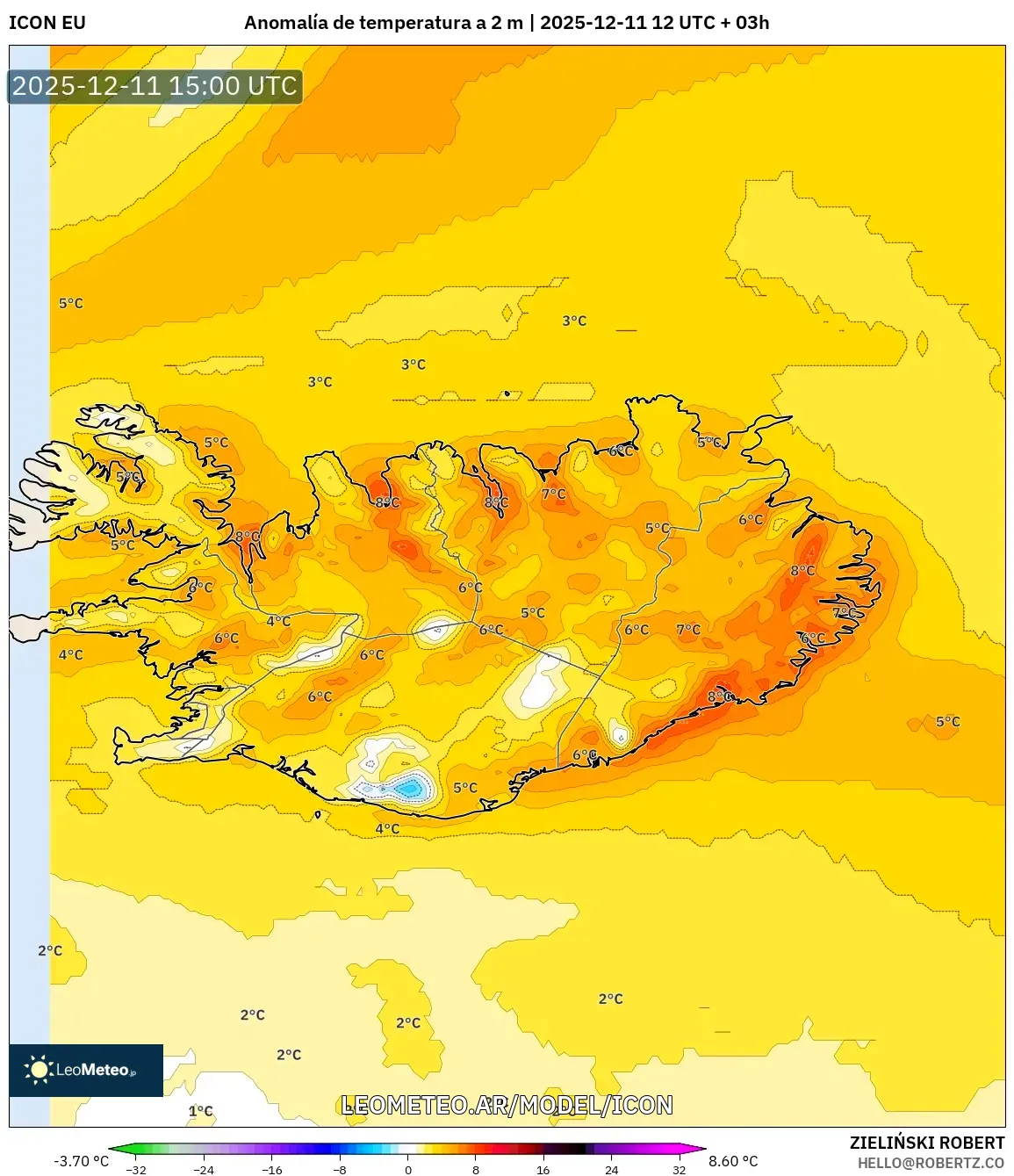 ICON model - Islandia, Anomalía de temperatura a 2 m