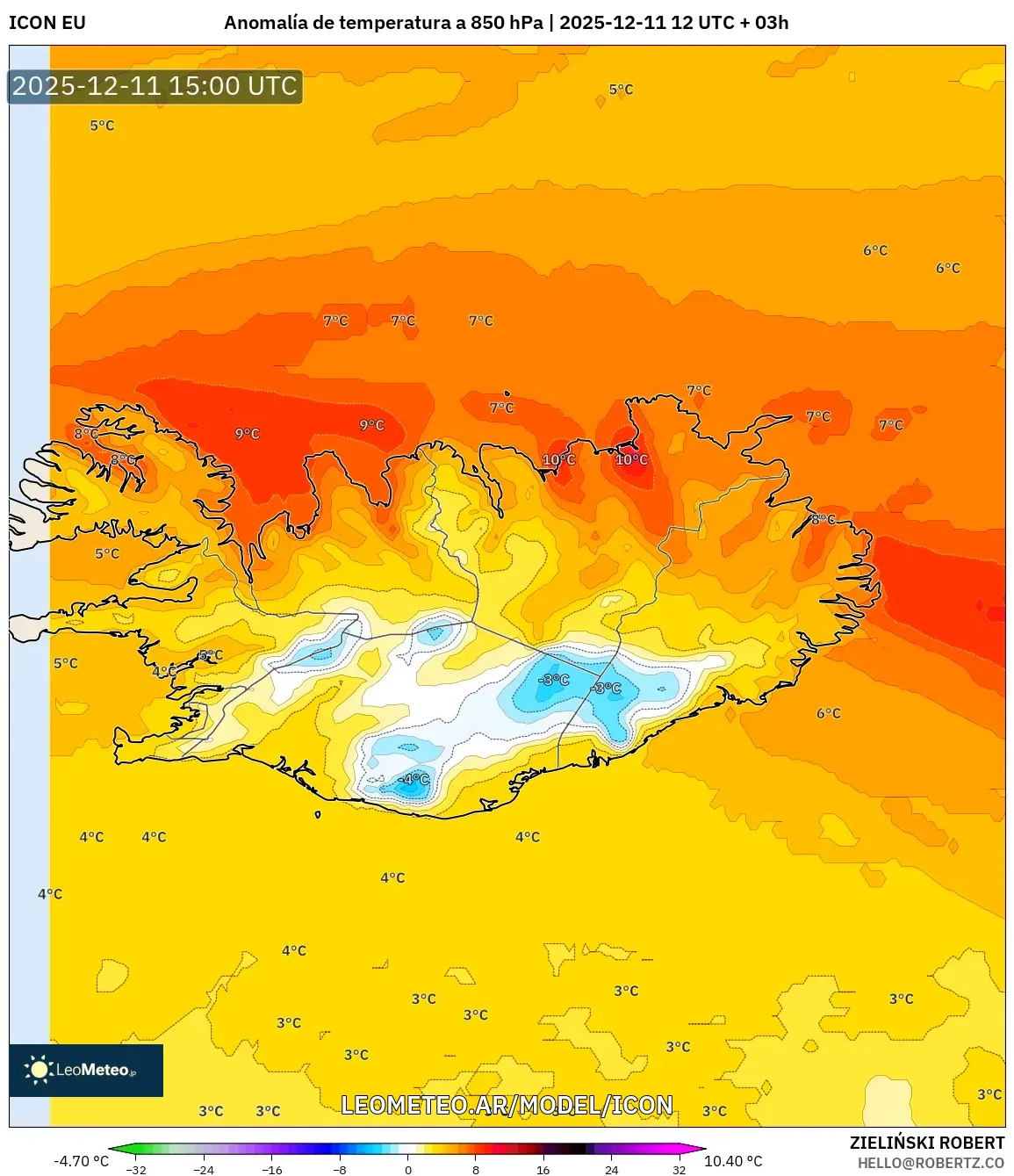 ICON model - Islandia, Anomalía de temperatura a 850 hPa