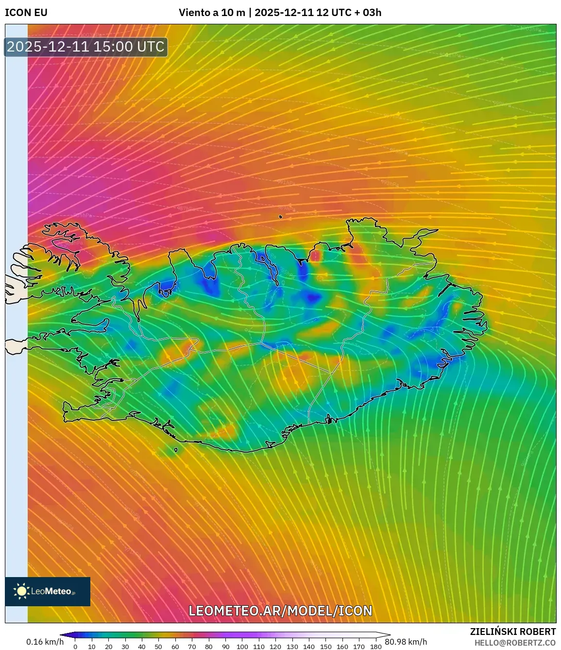 ICON model - Islandia, Viento a 10 m