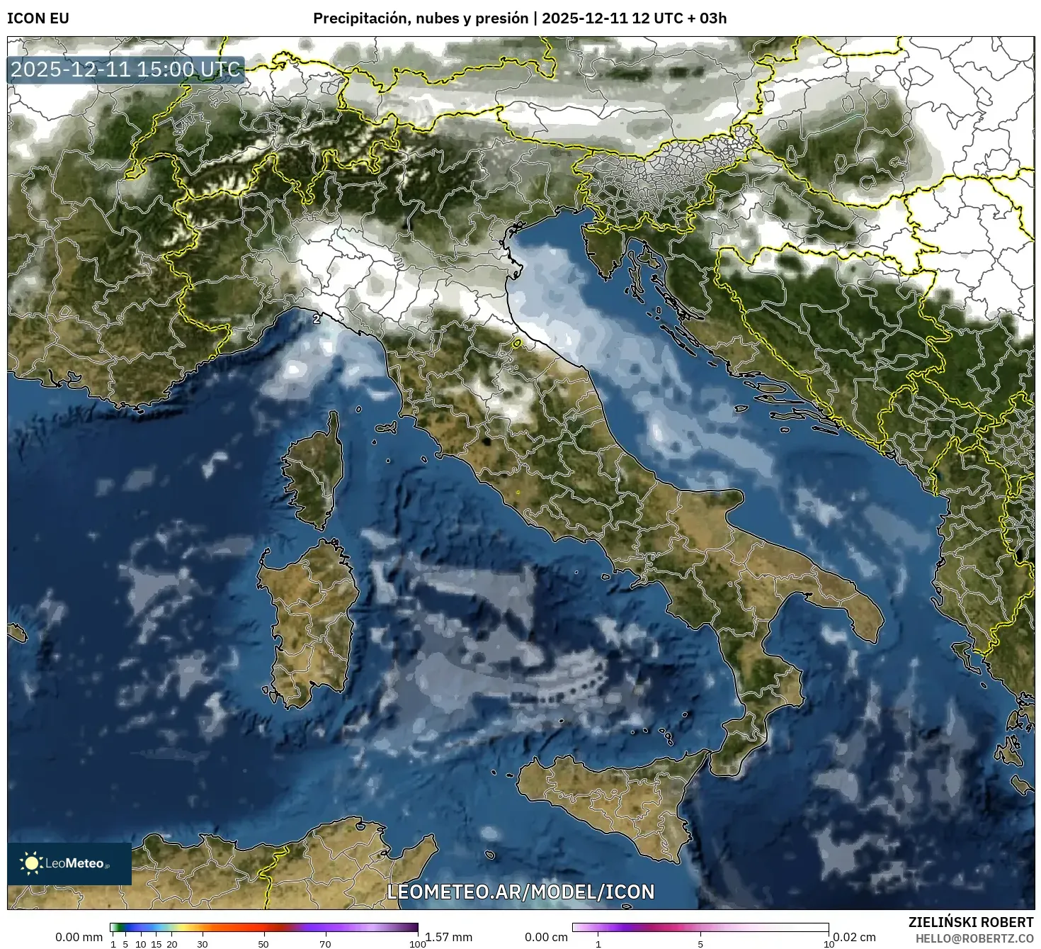 ICON model - Italia, Precipitación, nubes y presión