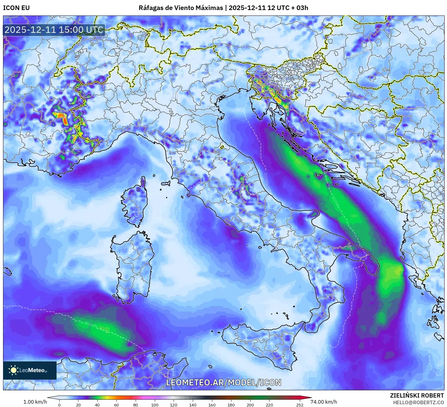 ICON model - Italia, Ráfagas de Viento Máximas