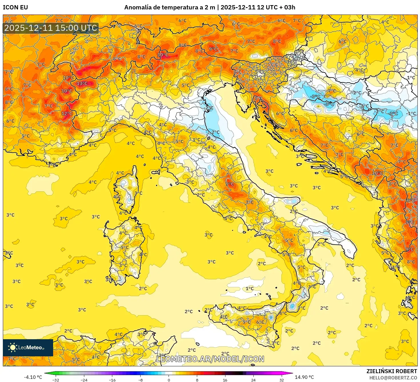 ICON model - Italia, Anomalía de temperatura a 2 m
