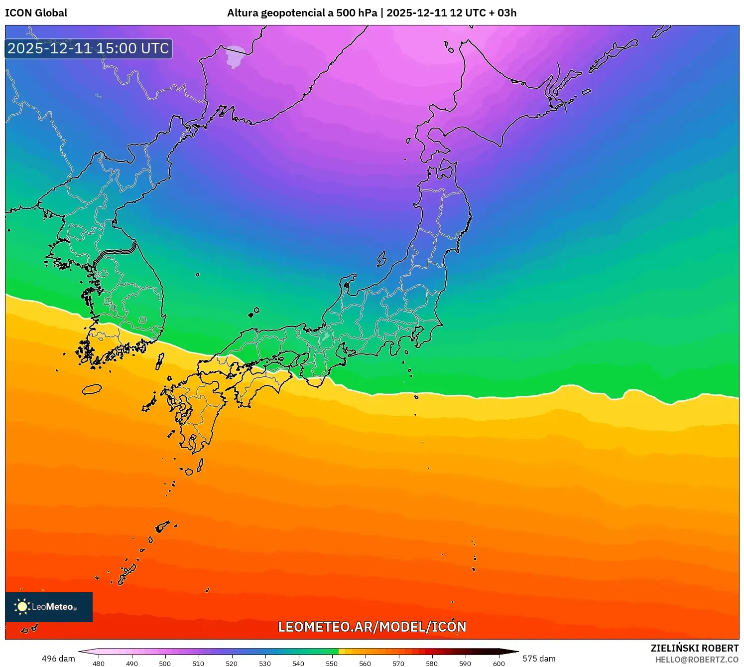 ICON model - Japón, Altura geopotencial a 500 hPa