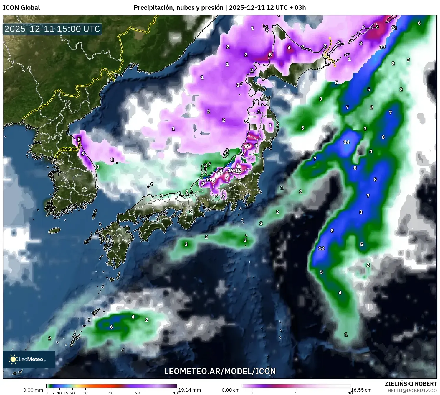 ICON model - Japón, Precipitación, nubes y presión