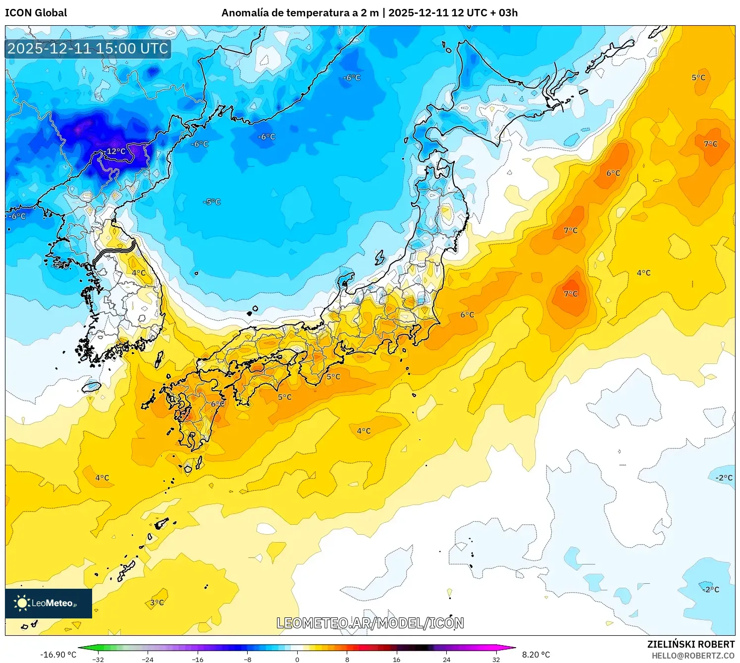 ICON model - Japón, Anomalía de temperatura a 2 m