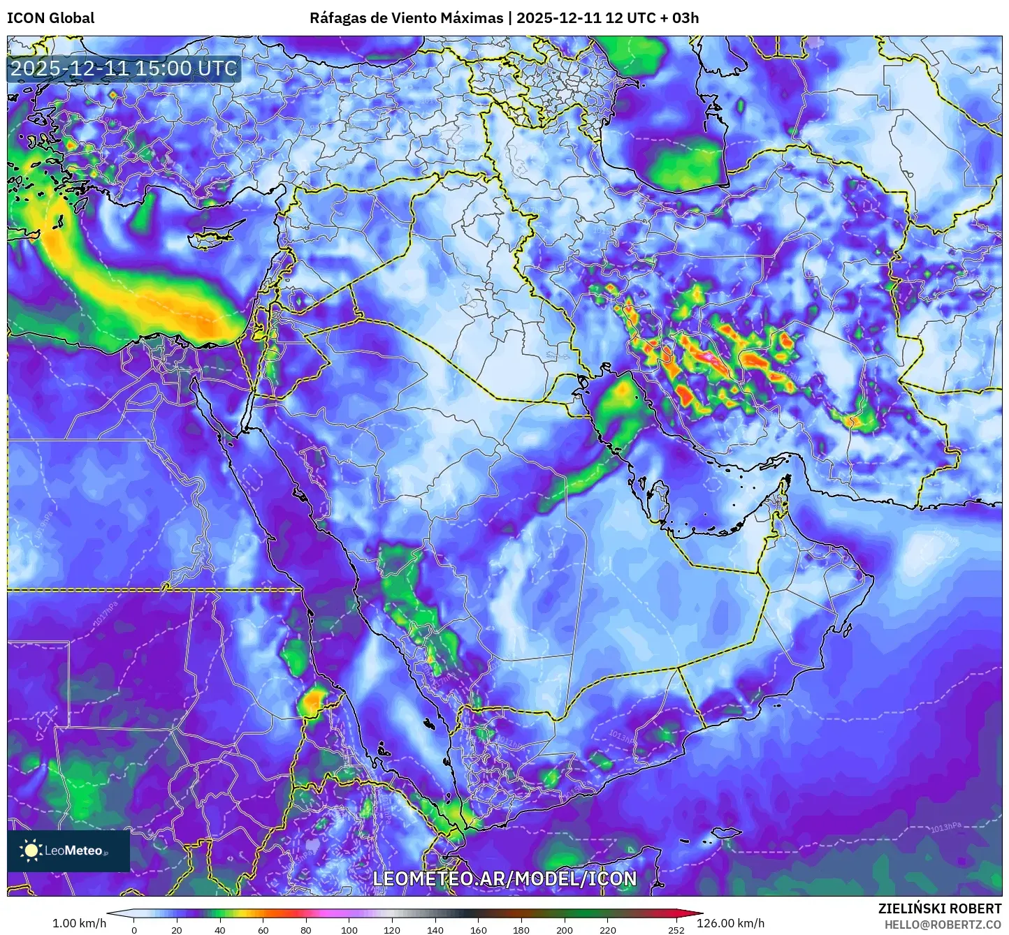 ICON model - Oriente Medio, Ráfagas de Viento Máximas