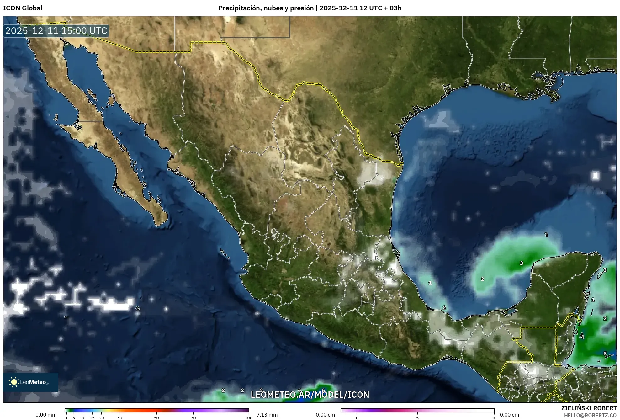 ICON model - México, Precipitación, nubes y presión