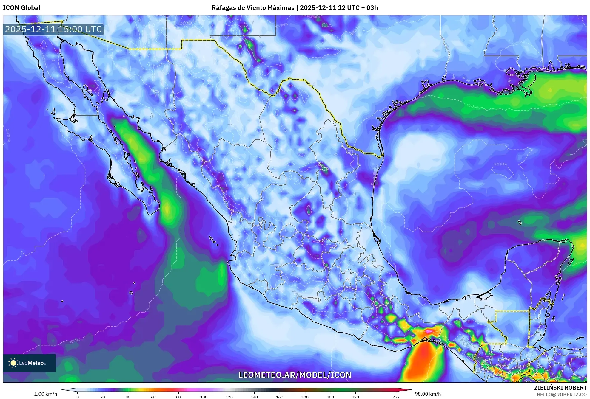 ICON model - México, Ráfagas de Viento Máximas